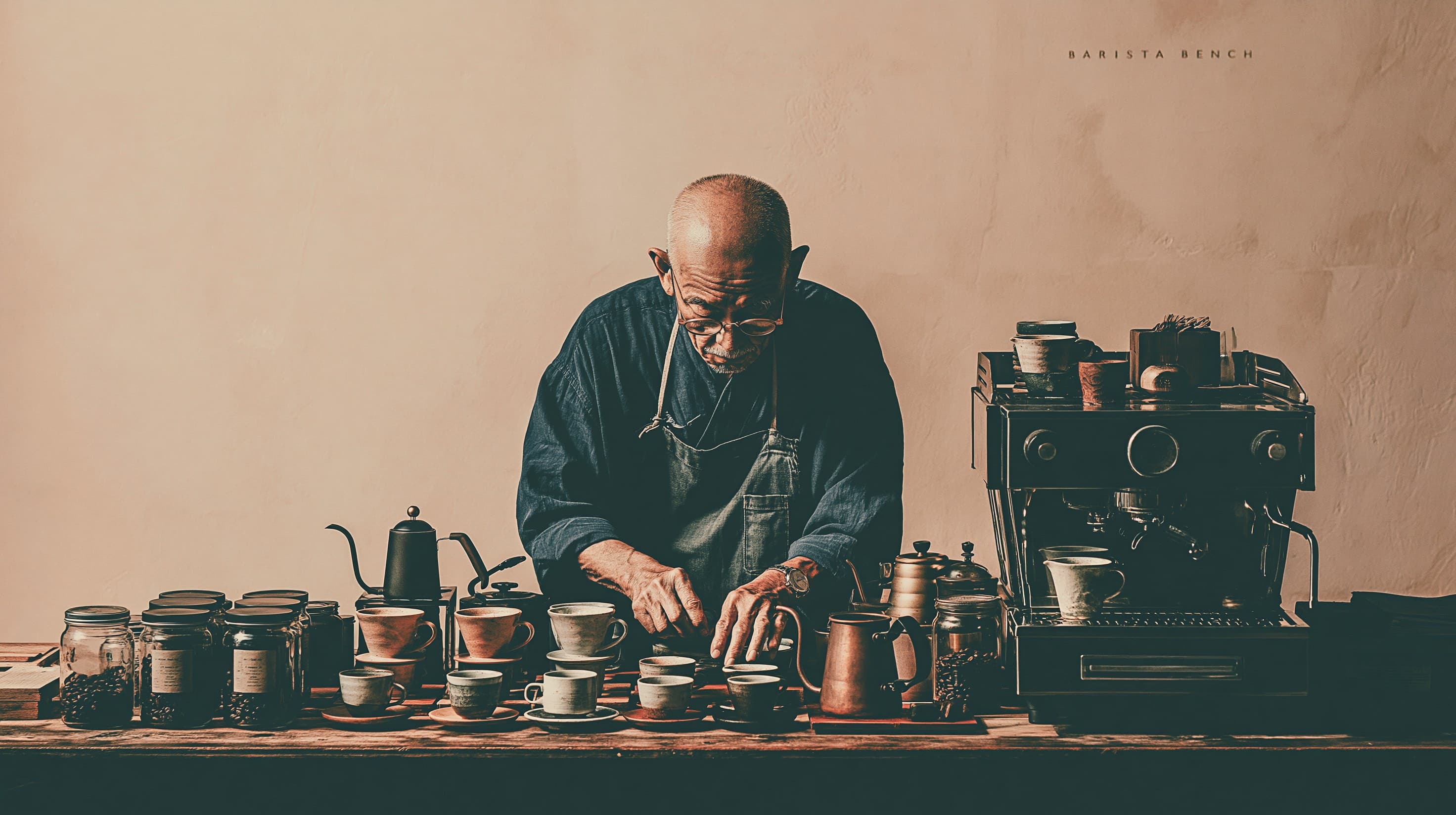 A barista at his bench surrounded by pour-over gear, kettles and espresso machines